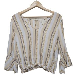 Saltwater Luxe Gold Striped V Neck Blouse Large